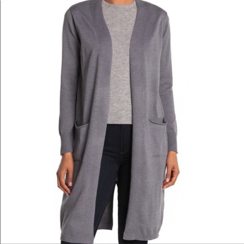 CENY Cardigan Sweater Womens S Maxi‎ Back Vent Open Front Gray Pockets